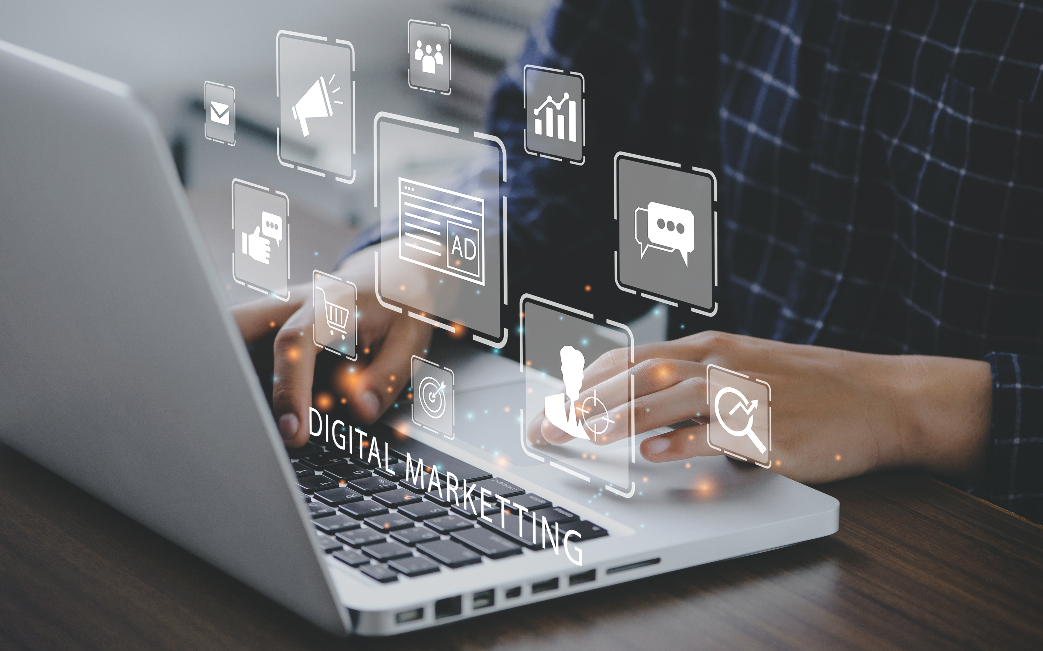 Marketer using a computer to digital online marketing banner web icon for business and social media marketing, content marketing, viral, SEO, keyword, advertise, website, and internet marketing. Marketer using a computer to set up online marketing