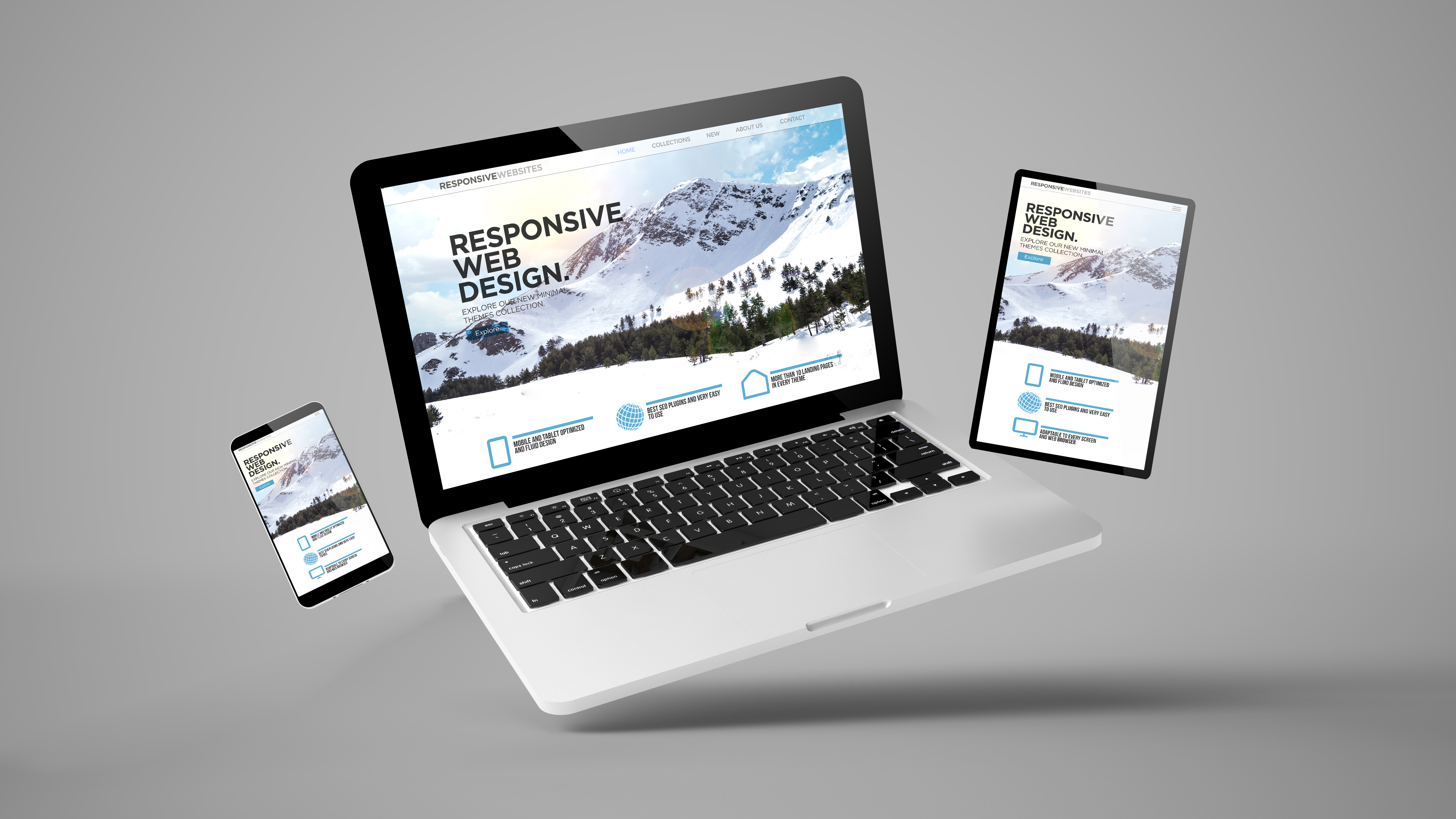 flying tablet, laptop and mobile phone showing responsive web design flying tablet, laptop and mobile phone showing responsive web design