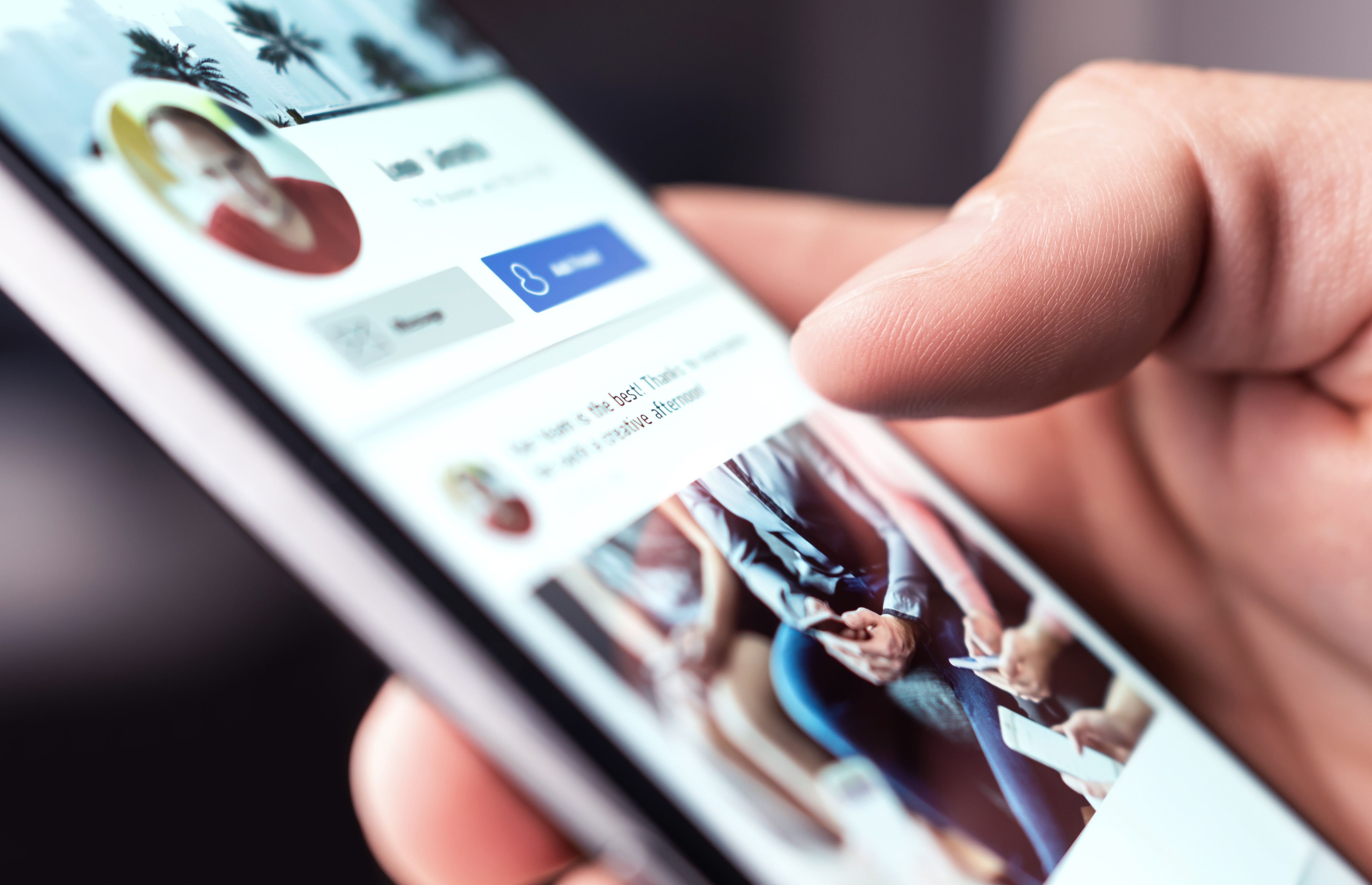 Profile page on social media or online portal. Man reading feed, status update or post with mobile phone. Follow, like or send friend request. social media site on mobile phone